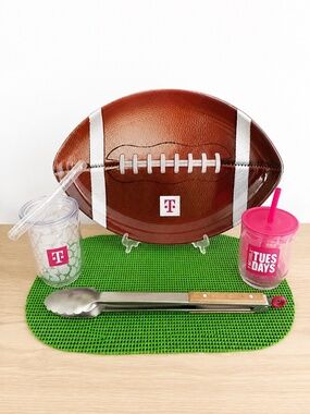 T-Mobile 4 Pc Game Day Set Football Tray Tumblers Serving Tongs